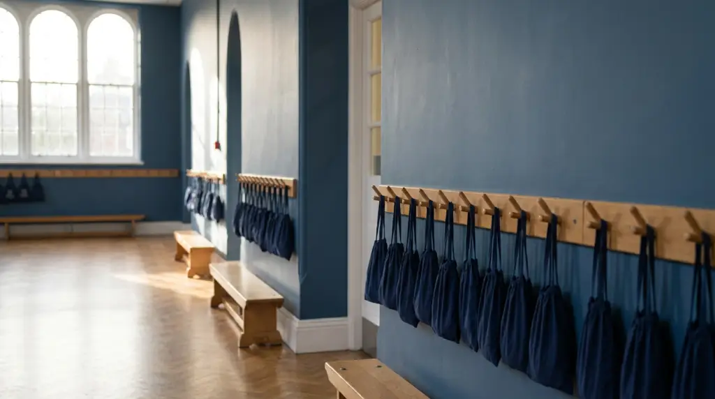 Empty school cloakroom with rows of coat pegs and benches in soft morning light