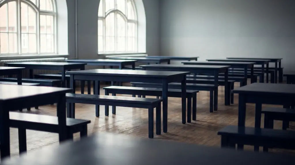 Calm, empty school dining hall with rows of tables in soft daylight