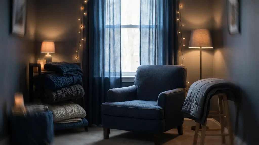 A quiet living room with a softly lit armchair, conveying calm before sensory overload