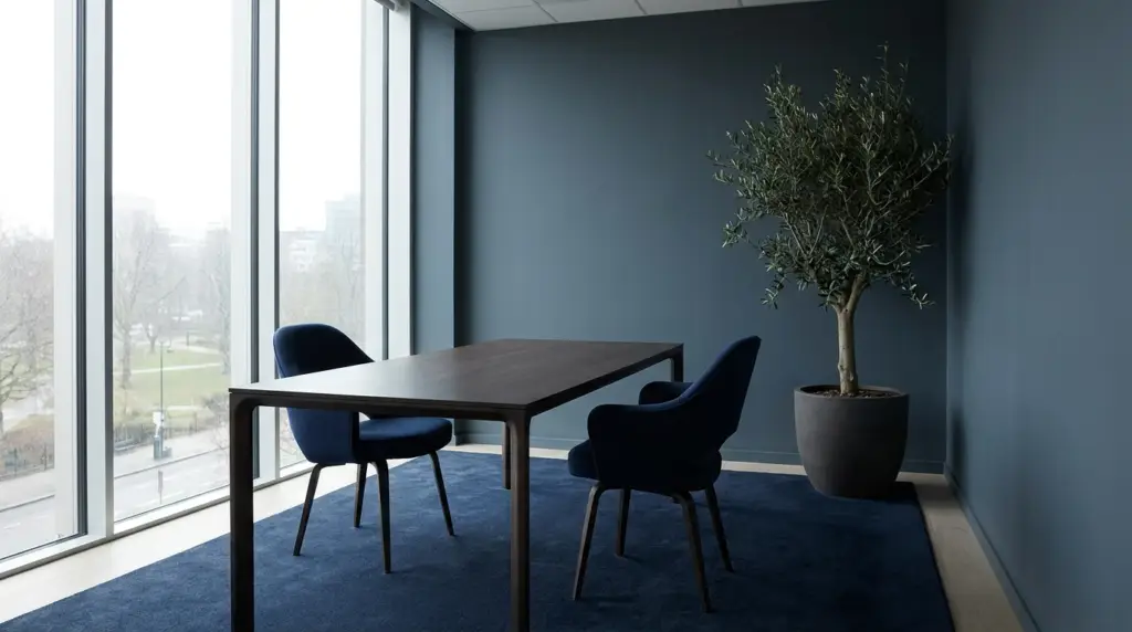 A minimal interview room with an empty table and two chairs beside a window